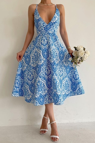 Madmext Mavi Desenli Dekolteli Midi Boy Elbise Mg1537-mavi