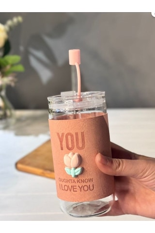 Minnoş 350ml Cam Pipetli Bardak Kapaklı Süet Kılıflı Soğuk Kahve Smoothie Sunum Bardağı C