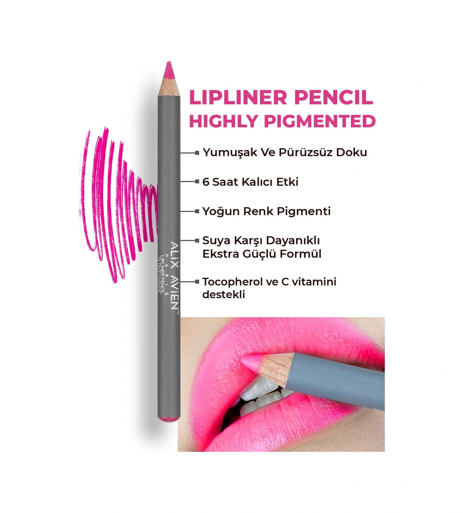 Alix Avien Uzun Süre Kalıcı Dağılma Yapmayan Nemlendirici Dudak Kalemi Lipliner Pencil 13 True Fuchsia