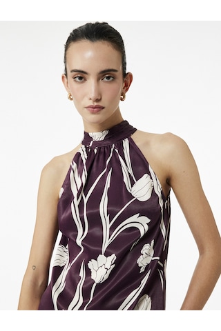 Koton Bağlama Detaylı Floral Desenli Halter Yaka Saten Bluz Bordo Desenli 6wak60123uw Bordo Desenli