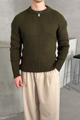 Erkek Fitilli Örme Oversize Kazak Haki