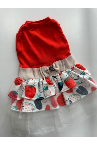 Miniş Pet Butik Çilek Desenli Tütülü Kedi Köpek Elbisesi Kırmızı M