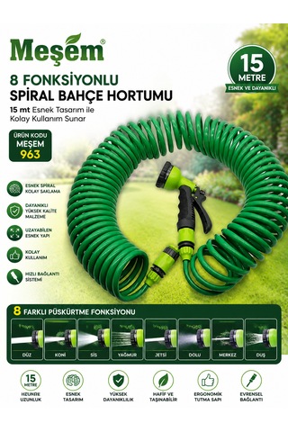 Meşem 8 Fonksiyonlu Spiral Bahçe Hortumu 15 Mt Esnek Tasarım İle Kolay Kullanım Sunar Kod :963