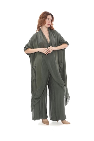 Bohem Stil Italyan Ipek Detaylı Oversize Kap Bluz- Wes Pantolon Takım-8789 Haki