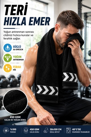 Siyah 30x100 Cm %100 Pamuk 450 Gsm Spor Havlusu Fitness Gym Boks Tenis Golf Yüz Havlusu Yıkanabilir
