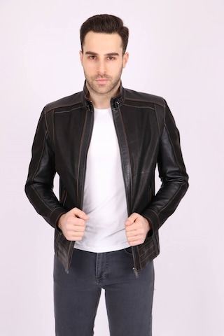 Erkek Siyah Hakiki Deri Hakim Yaka Biyeli Spor Mont