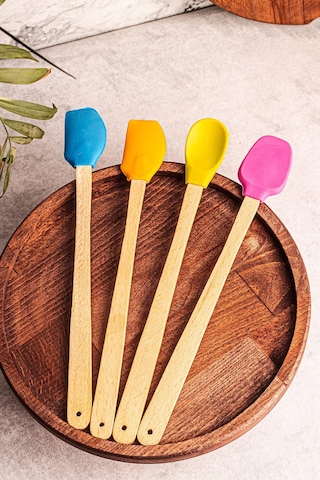 4'lü Yanmaz Yapışmaz Renkli Silikon Başlıklı Ahşap Spatula Seti Çok Renkli