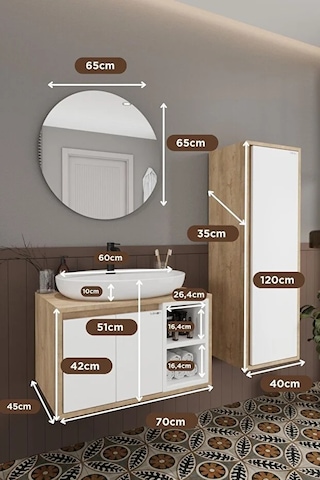 Gül Beyaz 70 Cm Banyo Dolabı Ayna Lavabo Boy Dolabı Beyaz