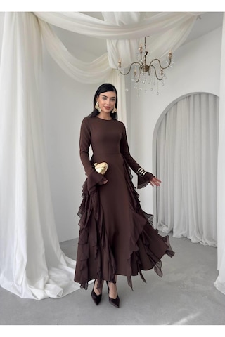 Nils Butik Fırfır Detaylı Abiye Elbise Kahverengi
