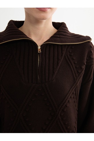 Lcw Modest Kahverengi Polo Yaka Baklava Desenli Kadın Triko Tunik