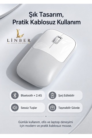 Şarjlı Kablosuz Gri Mouse Bluetooth + 2.4g Çift Modlu Type-c Şarjlı Sessiz Tuşlu Ergonomik Optik 1200/1600 Dpı Taşınabilir Mouse Çok Renkli Diğer