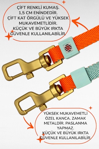 Caramelos İkili Çift Köpek Gezdirme Tasması Ve Sevk Kayışı Set Ayarlanabilir Turuncu