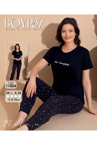Boyraz Slim Fit Dar Kesim Kadın Milan Bisiklet Yaka Kısa Kol Pijama Takımı 11004s - 1 Adet Siyah