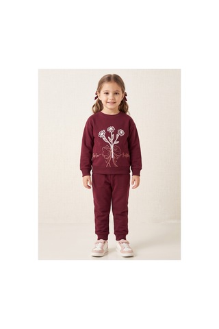 Deniva Kids Kız Çocuk Bordo Çiçek Nakışlı Paçası Ve Beli Lastikli Rahat Kalıp 2'li Takım