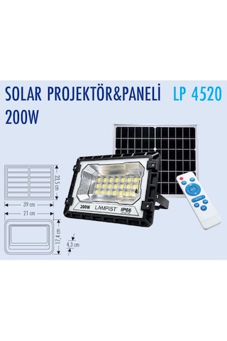 Lampist 200w Solar Led Projektör Güneş Enerjili Uzaktan Kumandalı Su Geçirmez Dış Mekan Sokak Ve Bahçe Aydınlatması