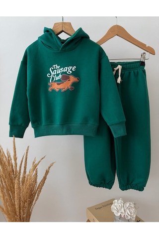 Magu Çocuk Pamuklu Köpek Baskılı Yeşil Kapüşonlu Sweatshirt Ve Eşofman Altı Takımı Çok Renkli