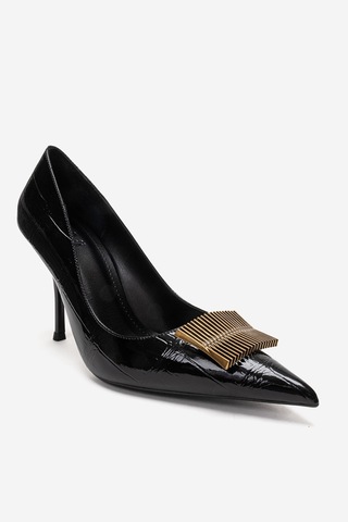Luvishoes Dexen Siyah Baskı Metal Tokalı Kadın İnce Topuklu Ayakkabı