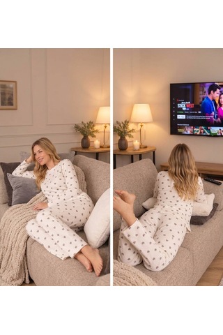 Lila İç Giyim Kadın Ekru Kalp Desenli Fitilli Kaşkorse Pijama Takımı Uzun Kollu Ev Giyimi
