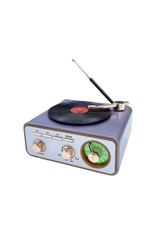 Metalik Nostaljik Tasarım Plak Çalar Görünümlü Radyolu Bluetooth Hoparlör Retro Müzik Plak