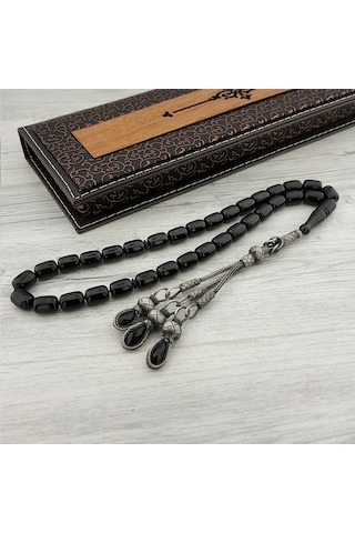 Kazaz Püsküllü Siyah Renk Kapsül Kesim Ateş Kehribar Tesbih