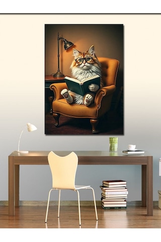 Kanvas Tablo Kitap Okuyan Sarı Kedi 50cmx70cm