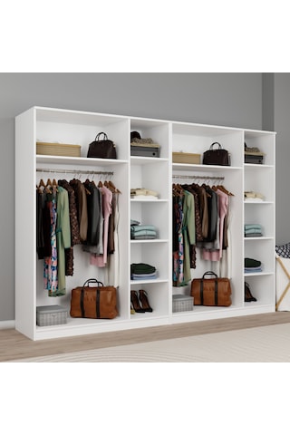 Loren 6 Kapaklı, 12 Raf Bölmeli, Askılıklı Geniş Elbise Dolabı, Gardırop, Beyaz Beyaz