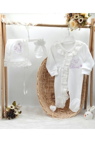 Gros Shop Yeni Doğan %100 Pamuk Dantelli Hastene Çıkış Tulum Seti Kişiye Özgü İsimli Nakış Desenli Çok Renkli