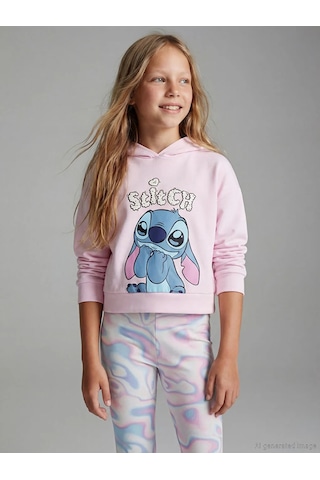 Lc Waikiki Pembe Kapüşonlu Stitch Baskılı Kız Çocuk Sweatshirt