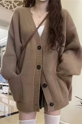 Cool Tarz Kadın Oversize Cepli Düğmeli V Yaka Triko Hırka Krem Krem