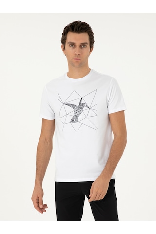 Beyaz Slim Fit Bisiklet Yaka Desenli T-shirt