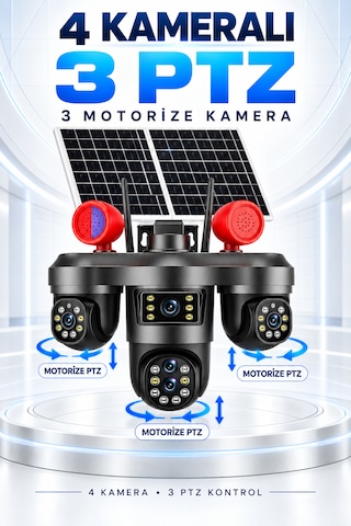 4 Kameralı 3 Motorize Ptz Kamera Wifi Çift Solar Panelli 10x Optik Zoom Uyarı Işıklı Güvenlik Kamerası