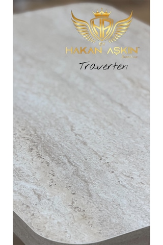 By Hakan Aşkın Beyaz Metal Ayaklı 60x90 Cm Kalınlıklı Traverten Tek Masa Mutfak - Balkon - Çalışma Masası Strwood Original Traverten Deri Yüzey