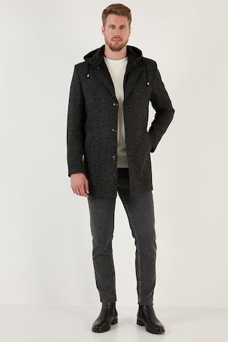 Buratti Çıkarılabilir Kapüşonlu Kırçıllı Slim Fit Kaşe Erkek Kaban 5841013 Antrasit Noktalı