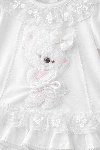 Kardeşler Bebe Dantelli Ayıcıklı Kız Bebek Elbise Takım Saç Bantlı 3 Lü Set Beyaz