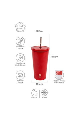 Paslanmaz Çelik Kırmızı Pipetli Mug Termos 500 ML No:80