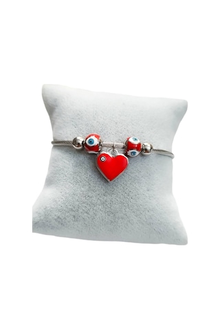 Bayan Çelik Kalp Nazar Boncuklu Gümüş Renk Kararmaz Mıknatıslı Kadın Bileklik Çelik