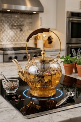 1000 Ml. Isıya Dayanıklı Borosilikat Amber Cam Demlik Ahşap Saplı Süzgeçli Cam Demlik Amber