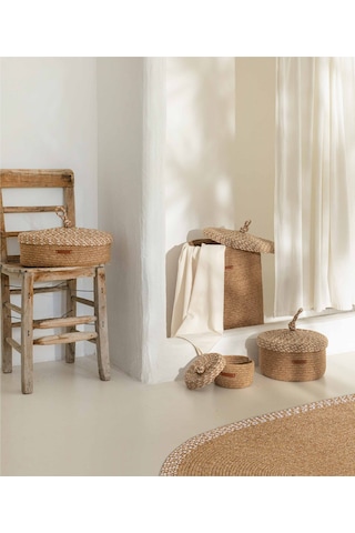 Koza Home Cesta Kapaklı El Yapımı Pamuklu Natural Bej Hasır Dekoratif Sepet