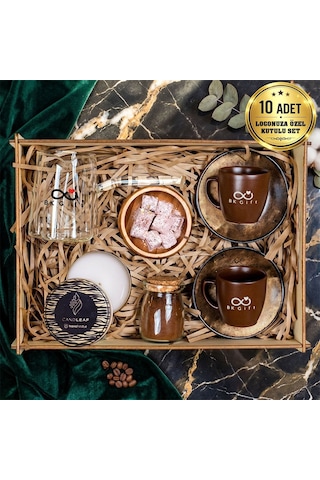 Logonuza Özel 10 Kutu Türk Kahvesi Hediye Seti Fincan, Cam Cezve, Mum Ve Çerezlik Set Beyaz