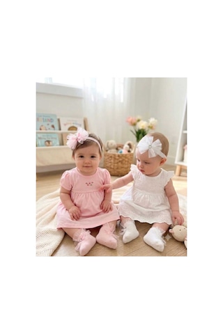 Retro Women Kız Çocuk Bebek İkili Pembe Beyaz Tül Dantel Deyatlı Taç Saç Bandı Bandana Ve Çorap Doğum Günü Özel Gün Taç 2-3 Yaş Kına Kutlama Seti Pembe