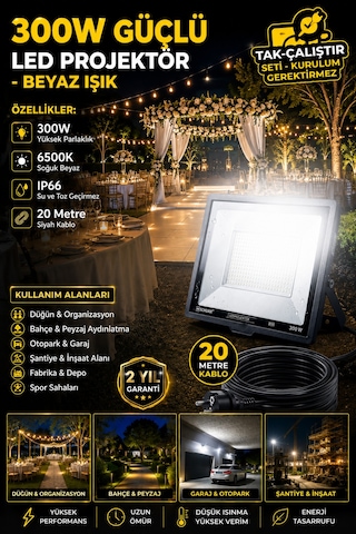 20 Metre Kablolu 300 Watt Seyyar Led Projektör Aydınlatma. Seyyar Aydınlarma Su Geçirmez Dış Mekan Ip66,beyaz Çok Güçlü Işık
