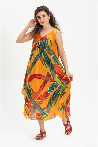 Askılı Vual Afrodit Midi Boy Elbise Hardal 6150