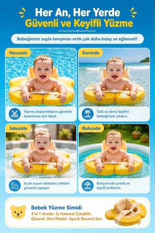 Bebek Yüzme Simidi 2'si 1 Arada- İç Haznesi Çıkabilir, Güvenli ,yeni Model- Ayıcık Desenli Sarı Ld00