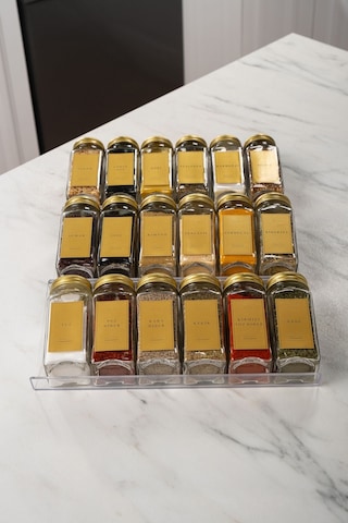 18'li Şeffaf Pleksi Standlı Cam Baharatlık Seti Gold Kapaklı Etiketli Baharatlık Takımı Mh02gld18 Gold - Şeffaf