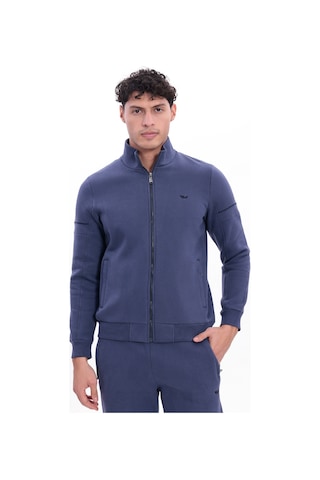 Rowinger 3 İplik Kalın Dokulu Parçalı Görünümlü Kapüşonlu Tam Fermuarlı Erkek Sweatshirt İndigo