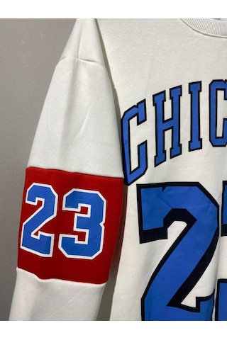 Erkek Beyaz Unısex Oversize Chicago 23 Baskılı Polarlı Sweat Çok Renkli