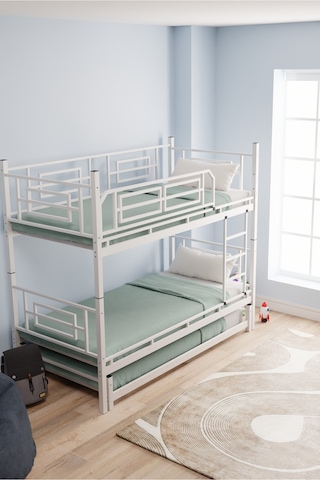 Moblay Defne Yavrulu Genç Çocuk Yatak Odası Metal Ranza Ve Karyola 90x200 Beyaz 90 x 200