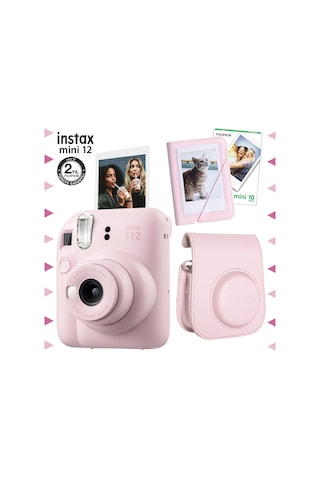 Fujifilm Instax Mini 12 Fotoğraf Makinesi + 10'lu Film + Mini Albüm + Deri Kılıf Seti Pembe