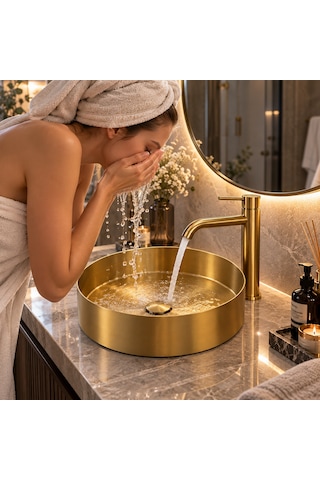Alfas Aura Round 40 Cm Pvd Mat Gold Tezgah Üstü Çanak Lavabo 304 Paslanmaz Çelik