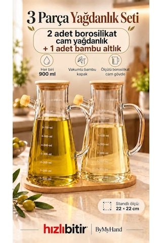 Bymyhand Ahşap Vakumlu Kapaklı Ahşap Stantlı Borosiklat Cam Yağdanlık Sirke Sos Ve Yağlık 900 Ml 3'l Şeffaf